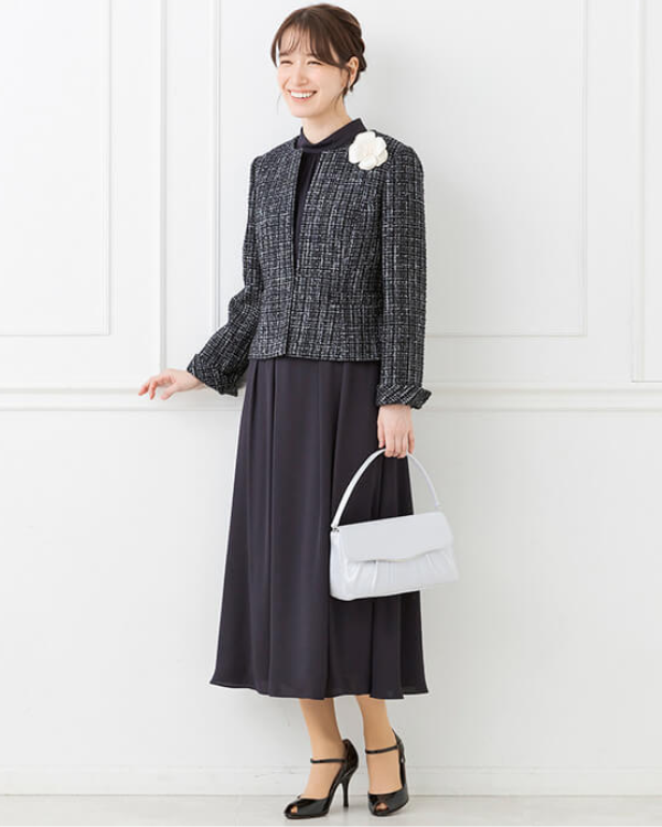 ネイビー】チェックツイード ノーカラージャケット バックサテンジョー