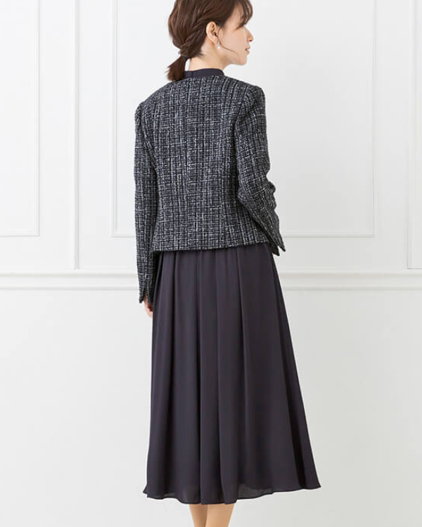 ネイビー】チェックツイード ノーカラージャケット バックサテンジョー