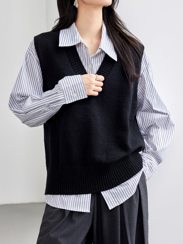 Vネックニットベスト＋ストライプシャツSET – SonderSable