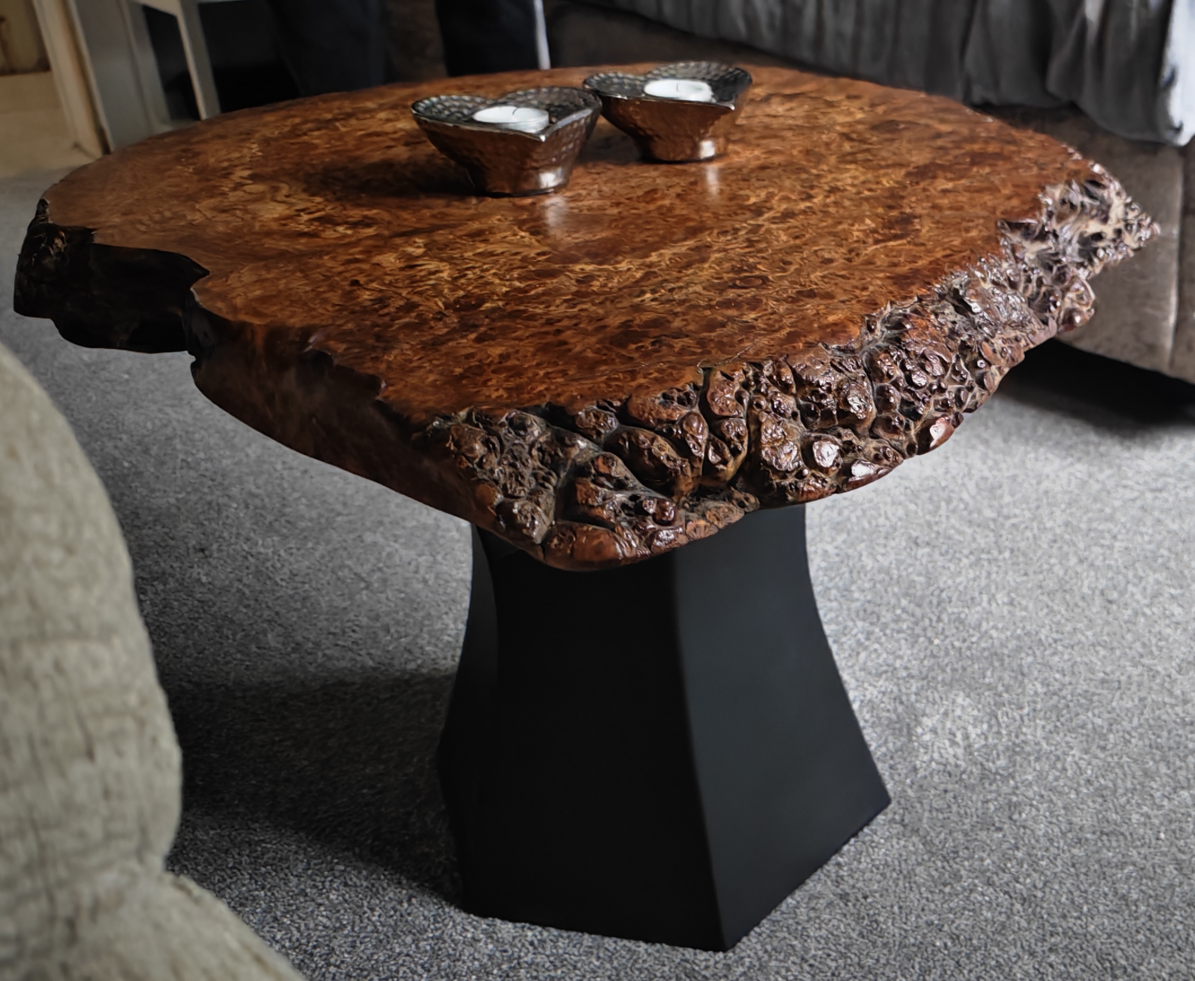 English Elm End Table | Live Edge Cookie | Black Resin Infused