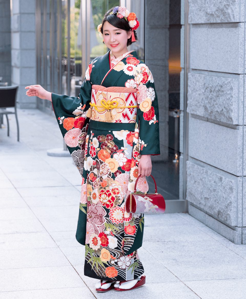 深緑笹に菊ぼたん[FS0687] | 成人式振袖レンタル京都さがの館