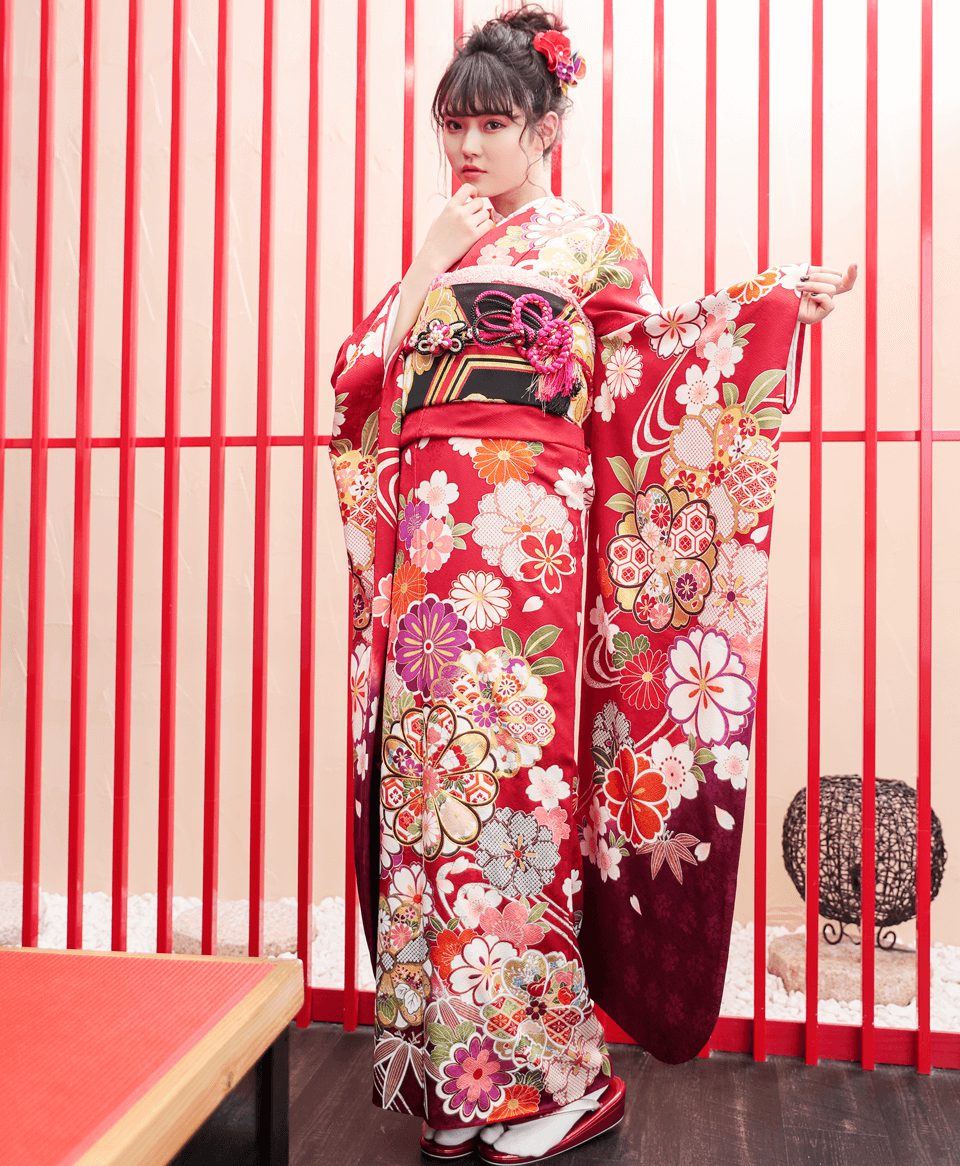 振袖フルセット 身丈157裄62 色無地 赤 蘇芳色 逸品 成人式 振袖フル