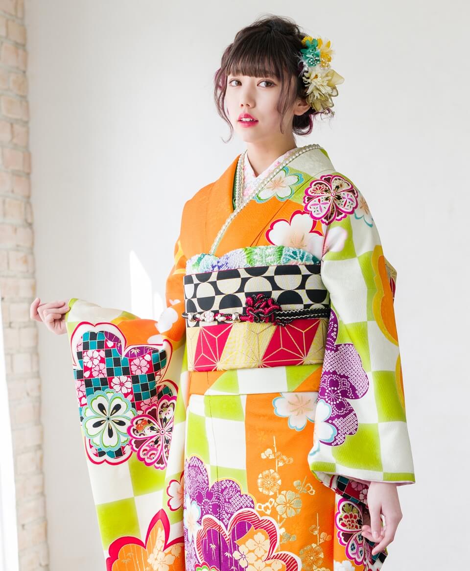 オレンジ市松に桜[FS0899] | 成人式振袖レンタル京都さがの館