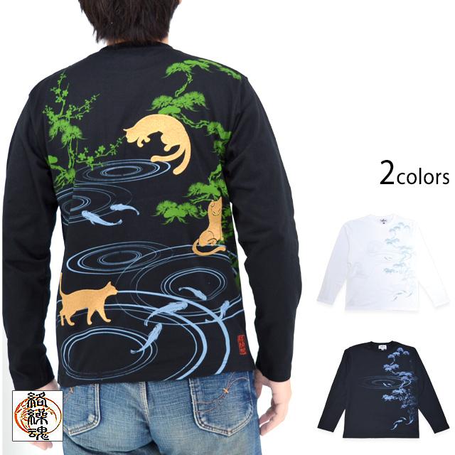 猫集会ロングTシャツ 絡繰魂 251014 和柄 和風 ネコ 刺繍 長袖 からくり