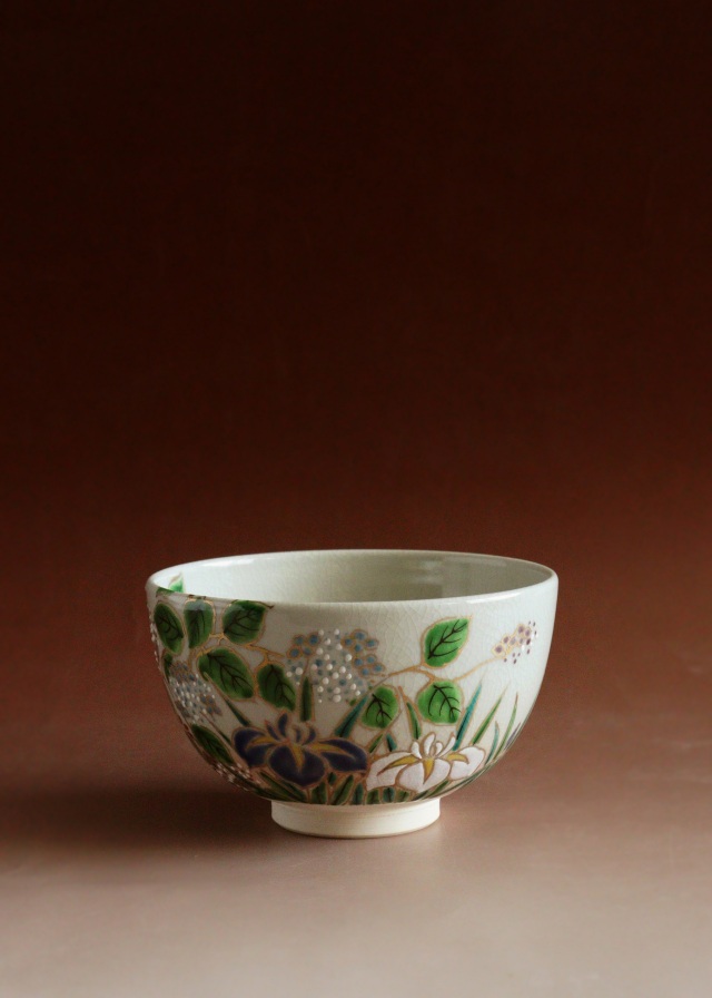 仁清写菖蒲紫陽花絵茶碗 中村陶彩作茶碗 京焼 茶道具 抹茶碗