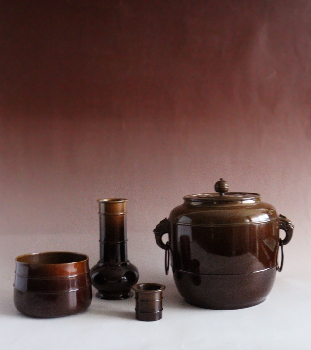 唐銅皆具 金森紹栄作 茶道具 皆具 水指 建水杓立 蓋置 茶会