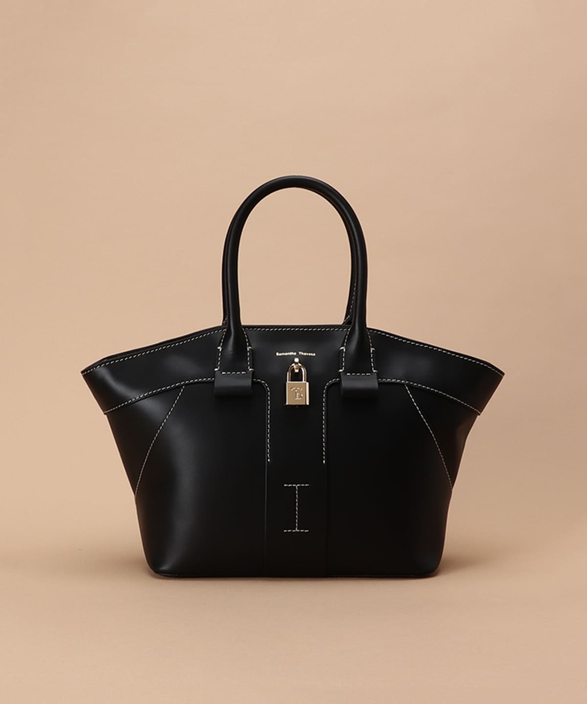 ステッチデザイン レザーハンドバッグ(FREE ブラック): Samantha