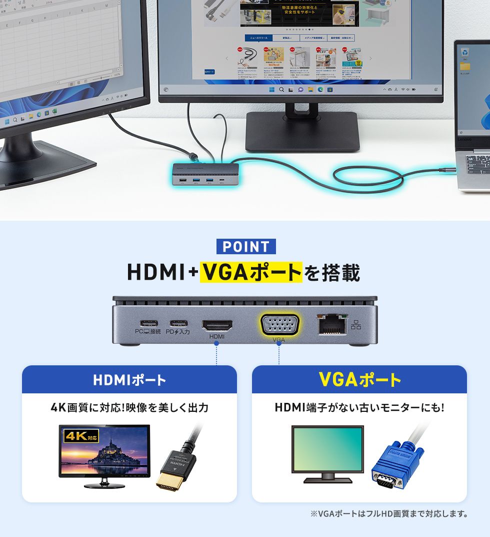 Type-Cケーブル1本でVGA+HDMIの2画面環境を実現、USB PD最大100Wの入力