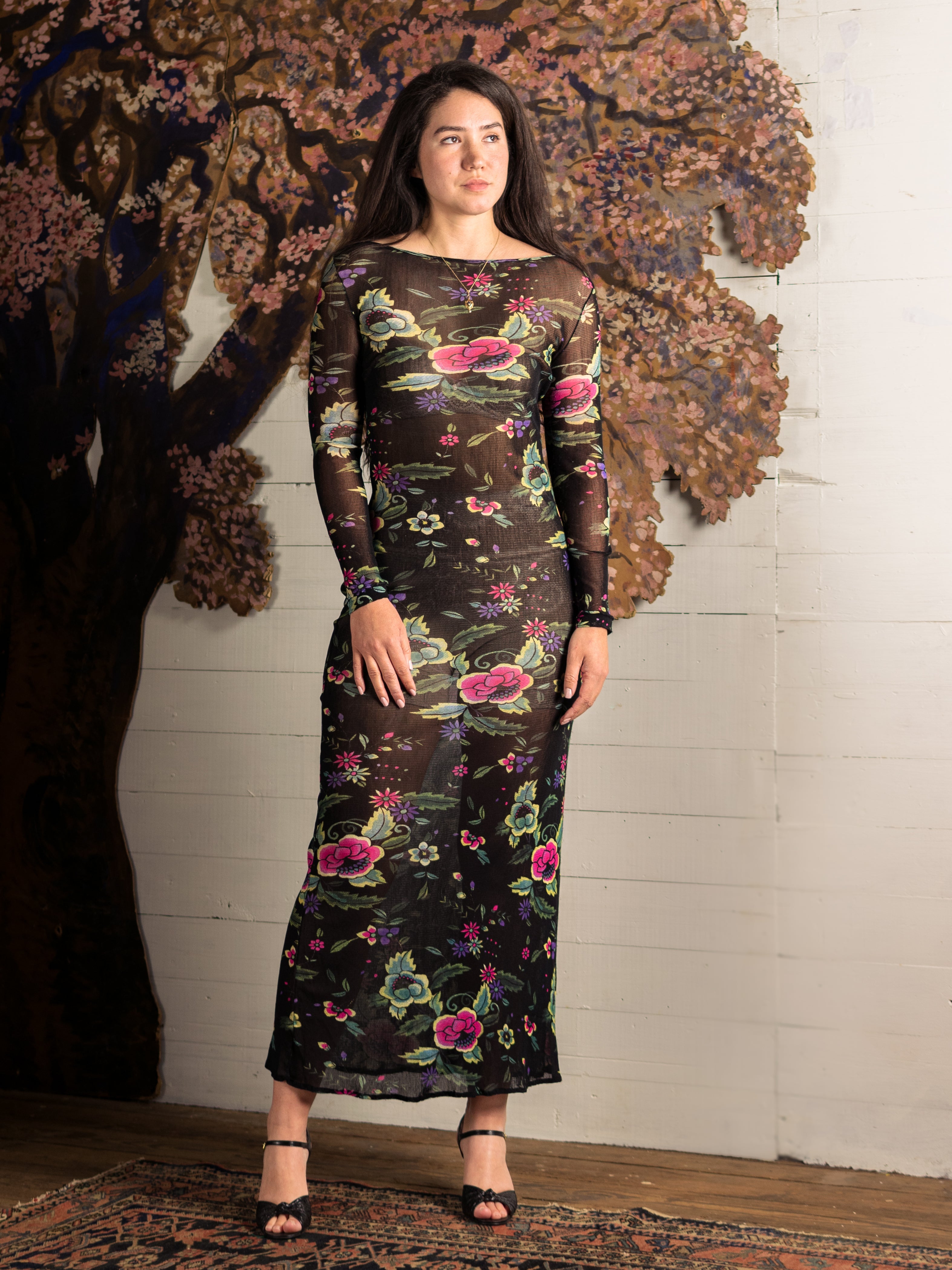 Vintage 1990s Vivienne Tam Mesh Pink & Teal Floral Maxi Dress for