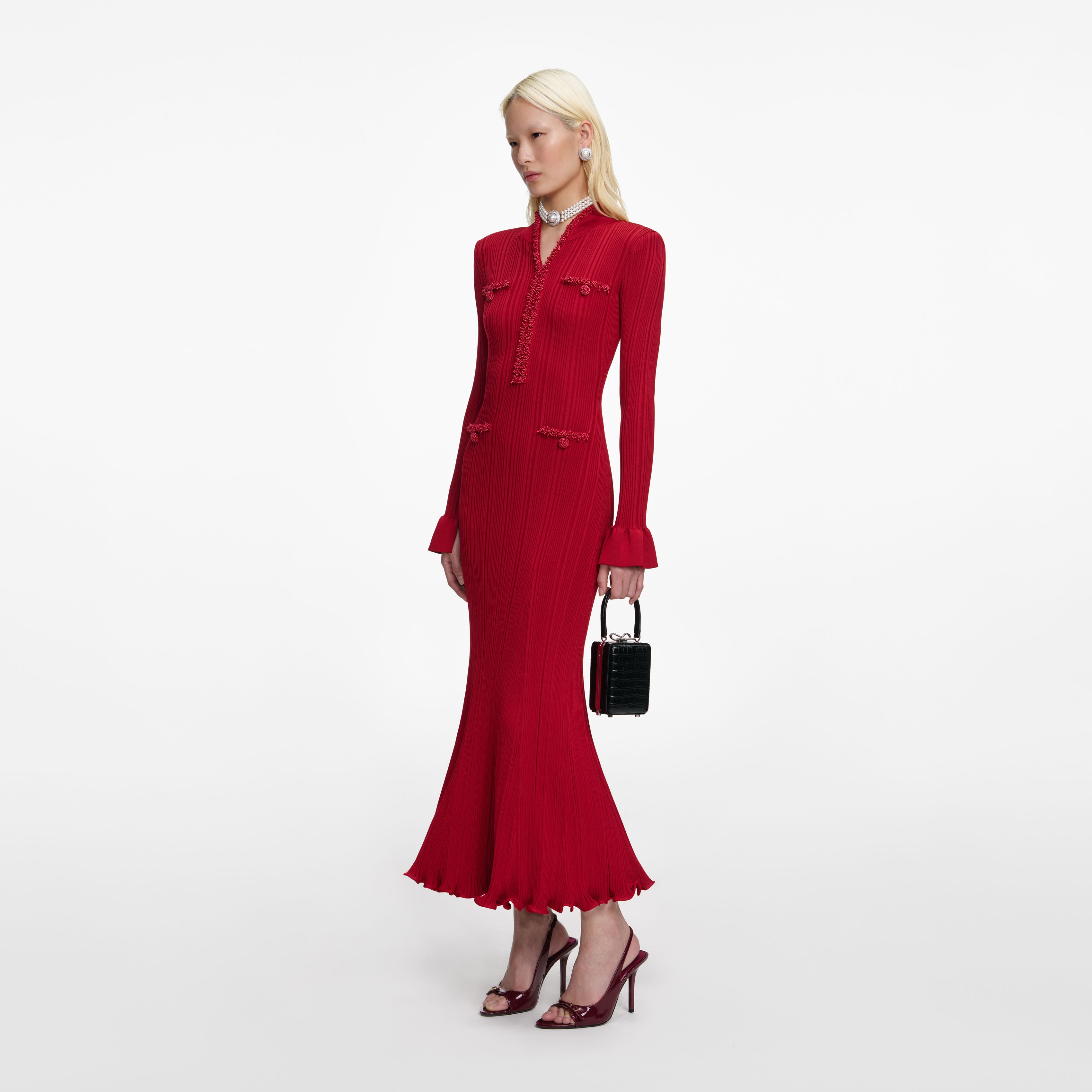 Red Pearl Trim Knit Midi Dress – self-portrait