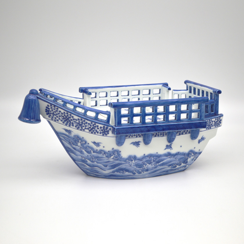 茶道具 水指（水差・みずさし） 立礼用水指 水指 染付 船 横石 嘉助