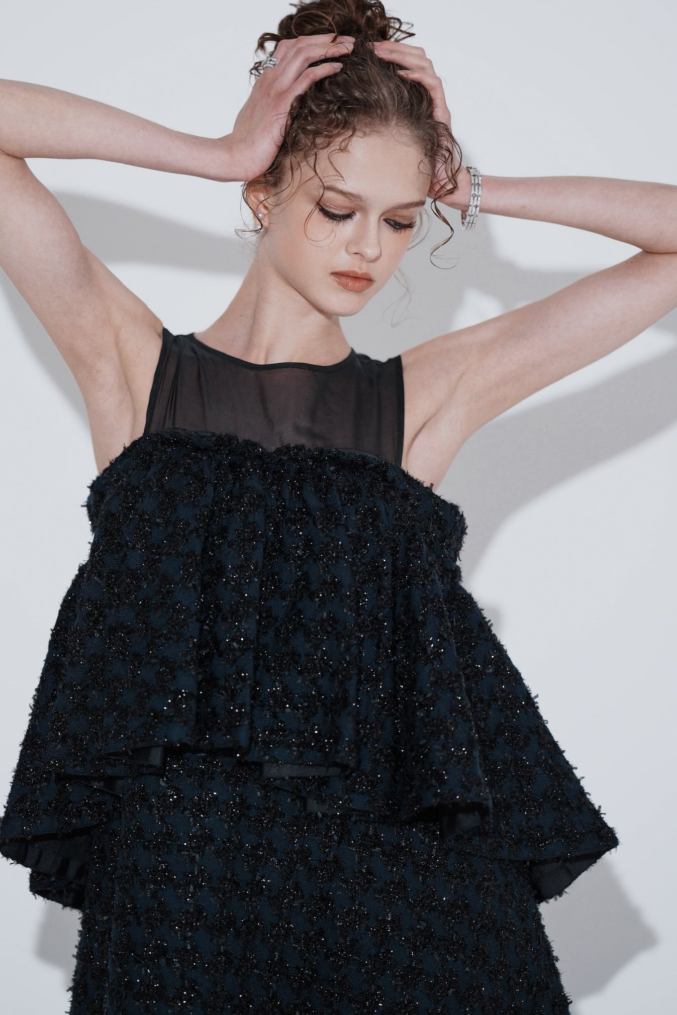sheer x tweed ruffle mini dress – shéller / シェリエ