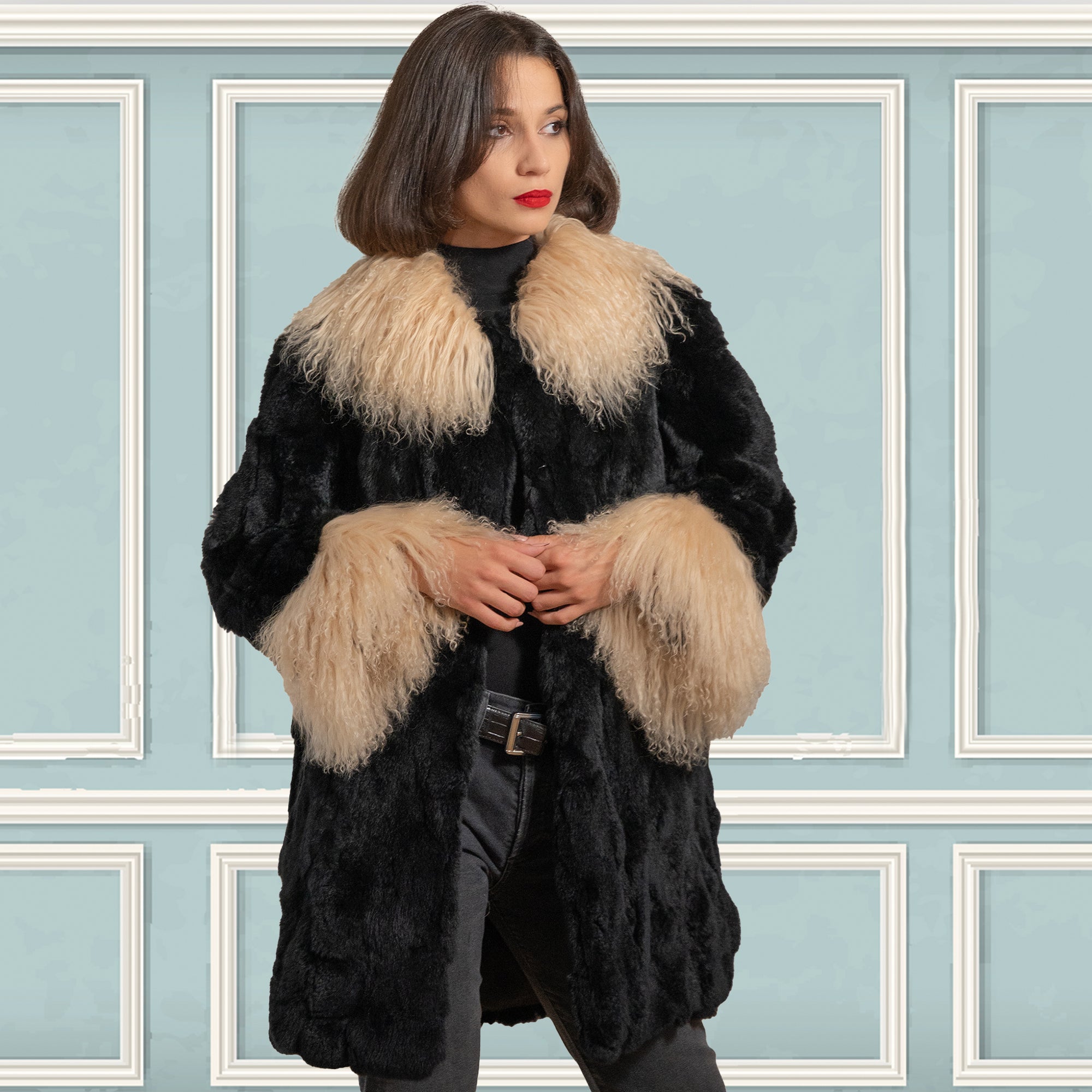 Black Rabbit Fur Coat With Mongolian Lamb | Sherrill & Bros