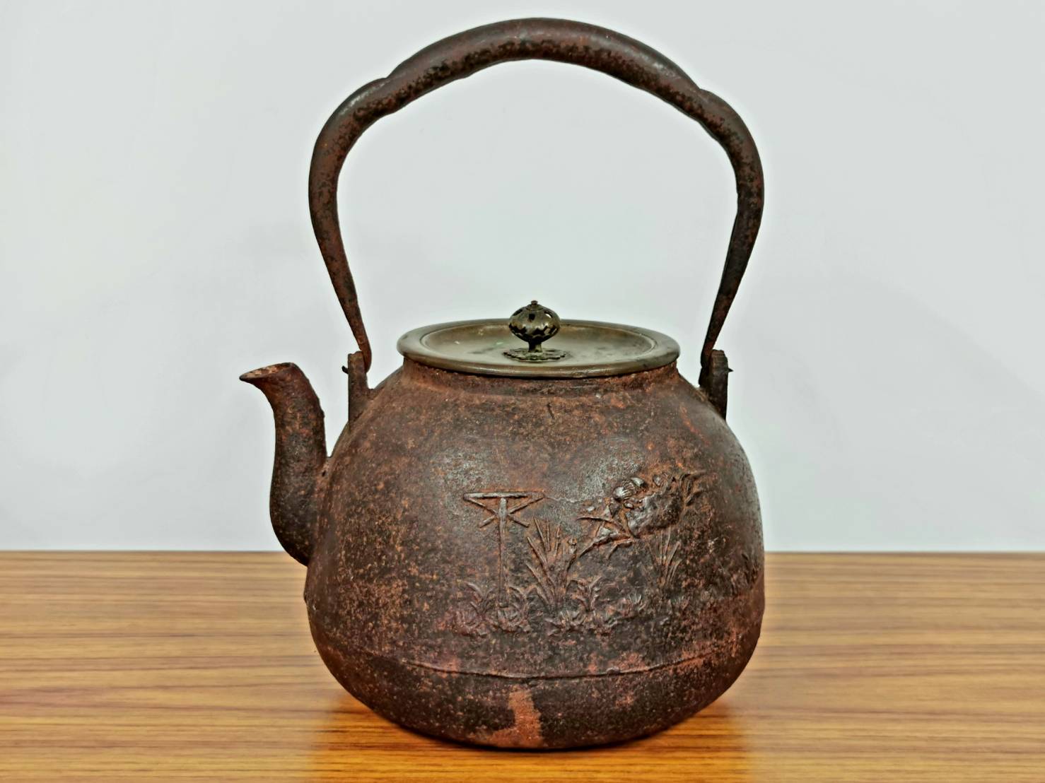 夢工房】龍文堂 造 斑紫銅蓋 道安形 鉄瓶 OB-517 □□