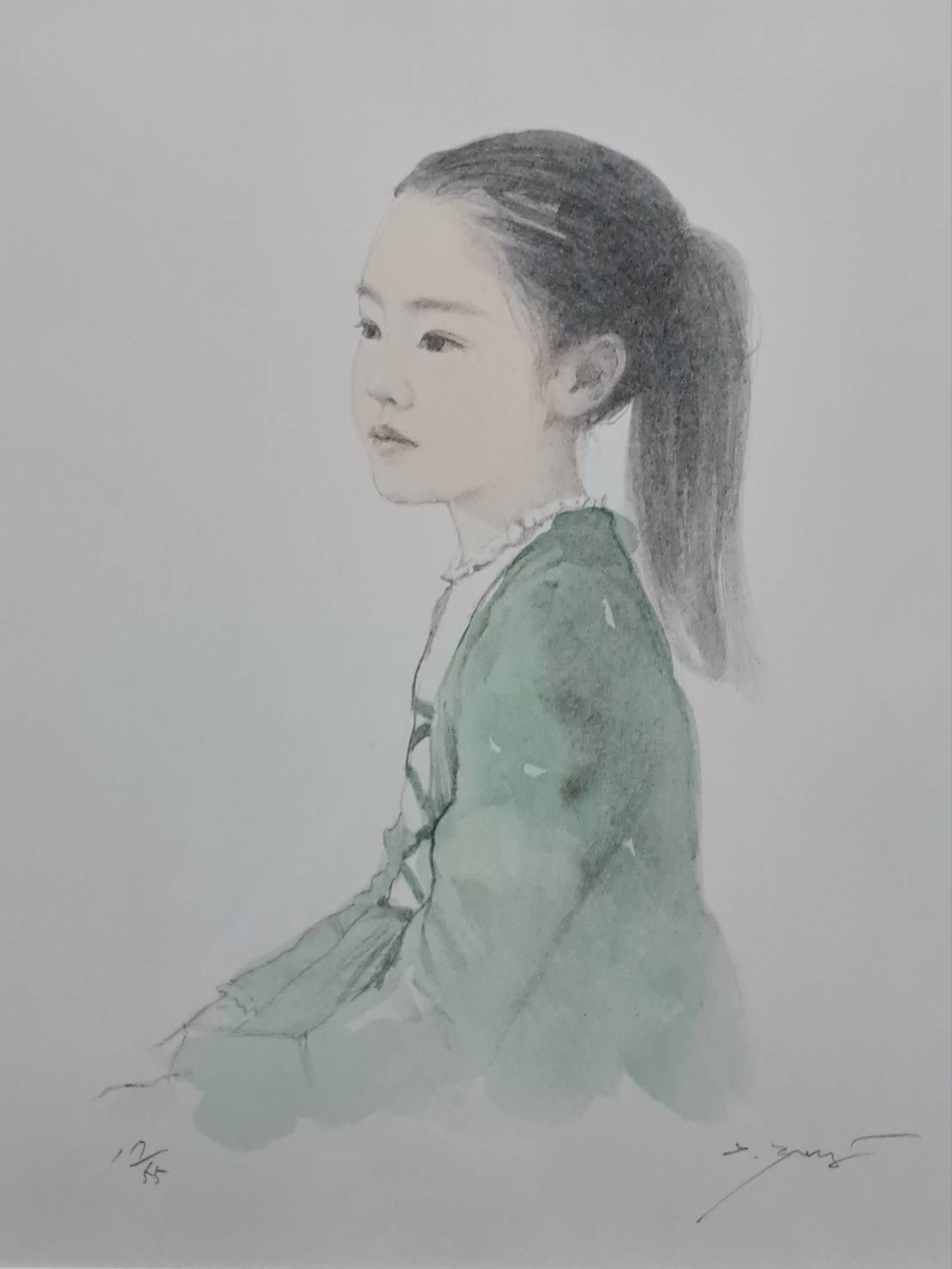 藤井勉 リトグラフ「若草」直筆サイン 限定55部 エディション、三味線