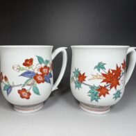 人間国宝 島岡達三「象嵌赤絵草花文夫婦茶碗」「地釉象嵌縄文建水」共