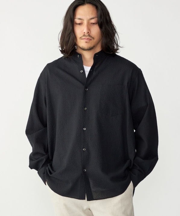 SHIPS: エアー サッカー バンドカラー リラックス 長袖 シャツ〈単色