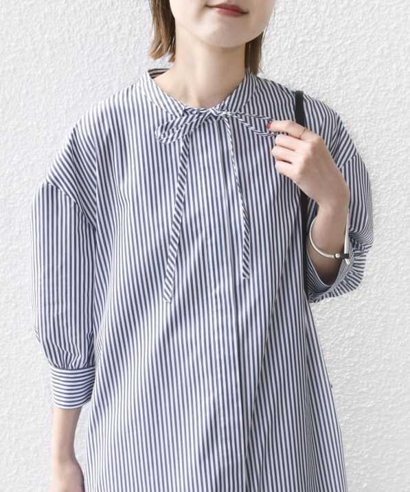 手洗い可能〉スタンドカラー リボン ストライプ シャツ ワンピース