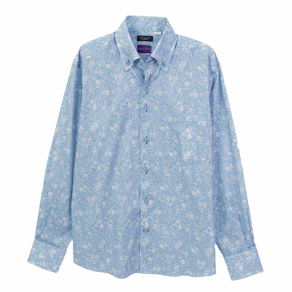 ワイシャツ 花柄 プリント 草木、ボタニカル ブルー LOUIS & CLERK