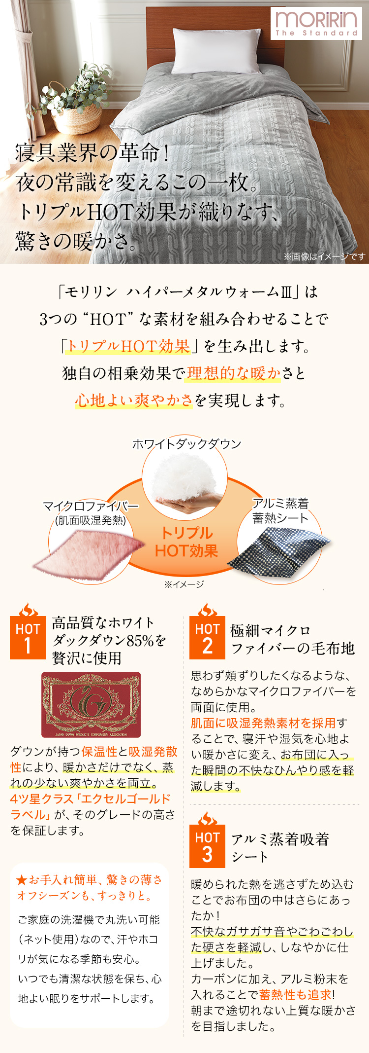 モリリン ダウン・吸湿発熱素材・ アルミ蒸着蓄熱シートで トリプル