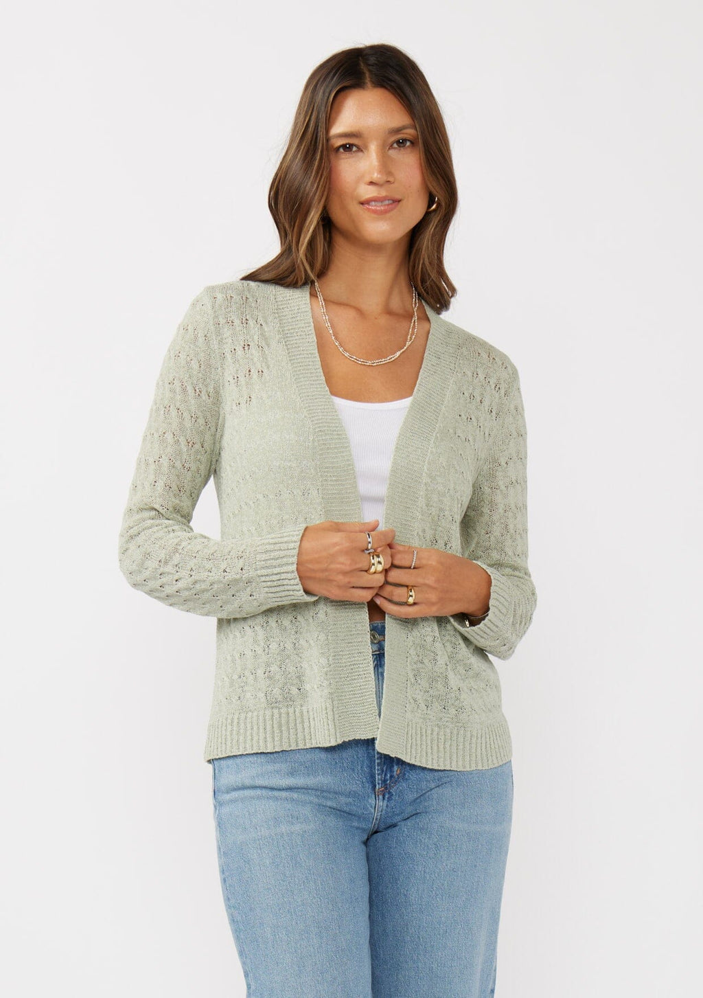 Green Tape Yarn Open Front Cardigan | LOVESTITCH