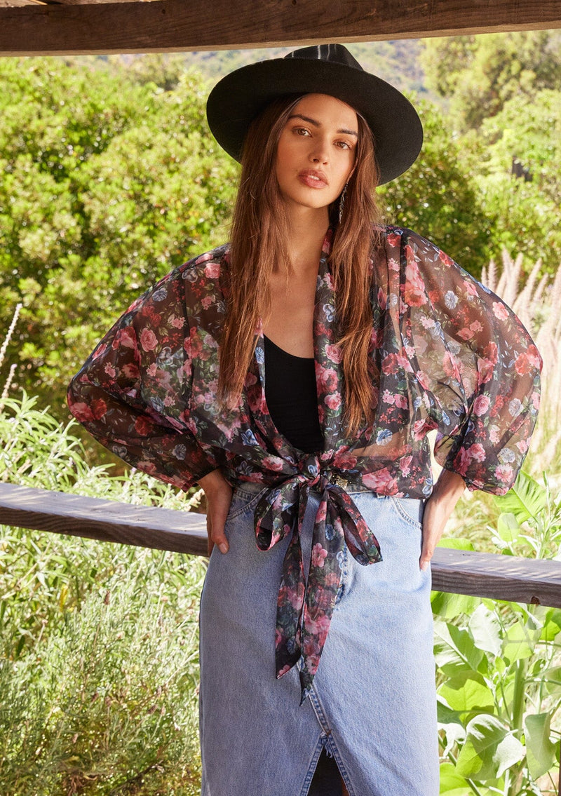 Women's Pink Floral Sheer Chiffon Tie Front Top | LOVESTITCH