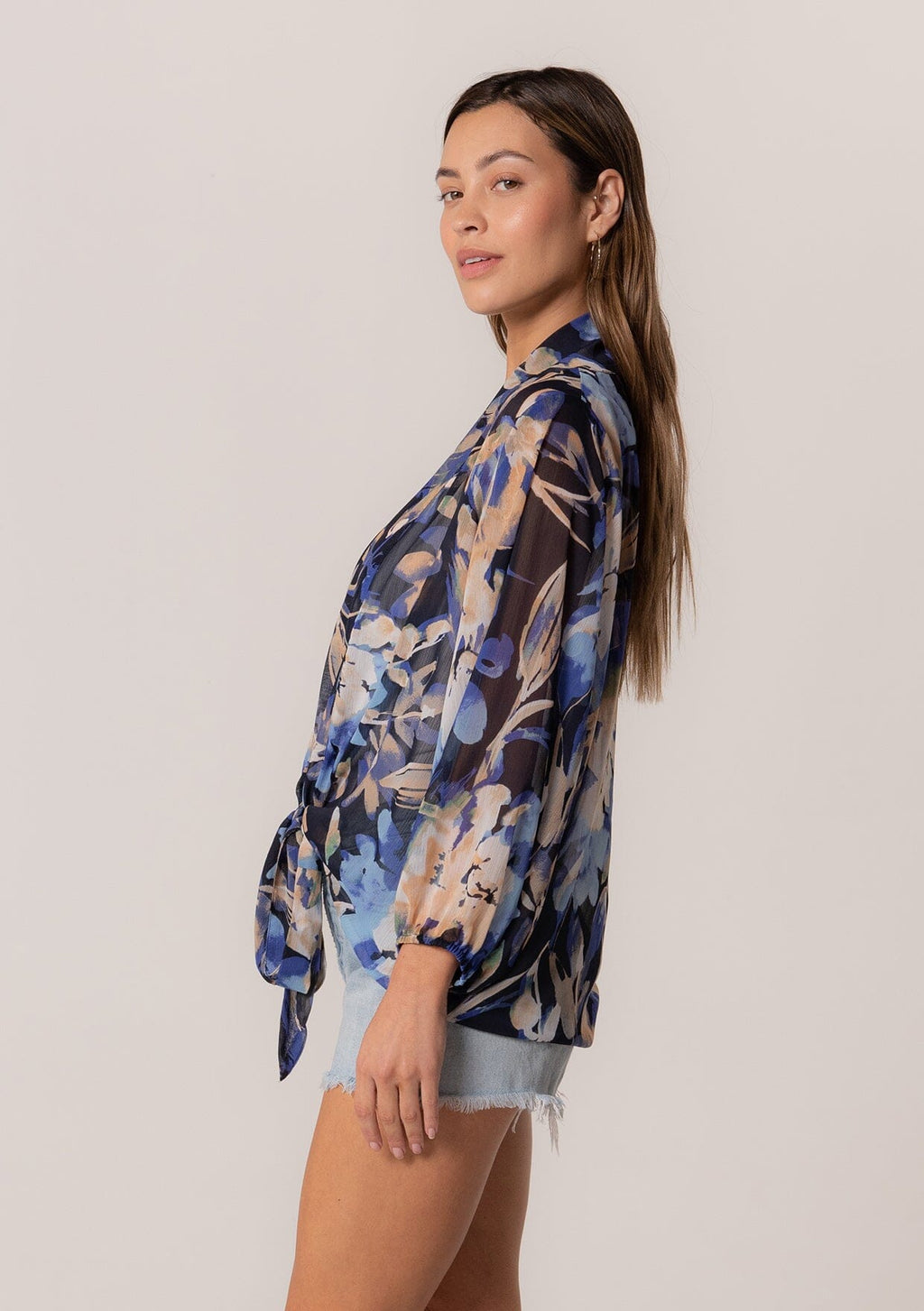 Women's Blue Floral Chiffon Tie Front Top | LOVESTITCH