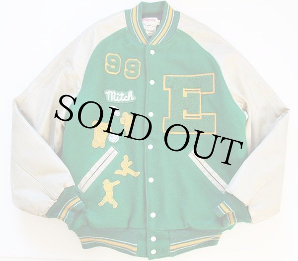 90s USA製 Ripon パッチ付き メルトン ウール 袖革スタジャン 緑 52