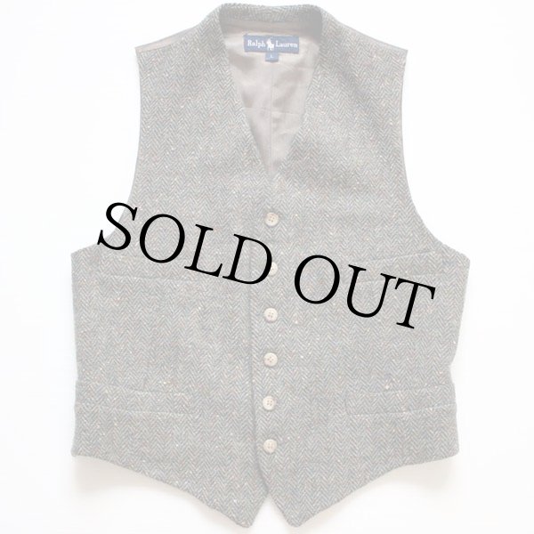 80s ラルフローレン シンチバック ヘリンボーン ツイード ウールベスト