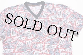 70s Budweiserバドワイザー 総柄 染み込みプリント Vネック Tシャツ