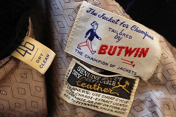 60s BUTWINバトウィン パッチ付き メルトン ウール 袖革スタジャン 黒