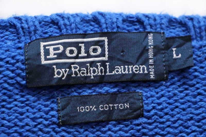 90s ポロ ラルフローレン ワンポイント コットンニット セーター 青 L