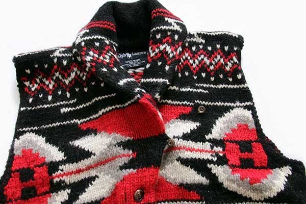 80s ラルフローレン ネイティブ柄 ショールカラー ウール ハンドニット