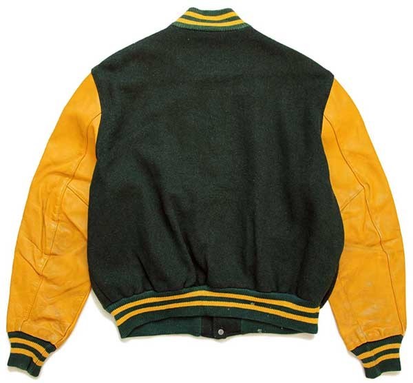 70s DeLONGデロング メルトン ウール 袖革スタジャン 緑×マスタード 44