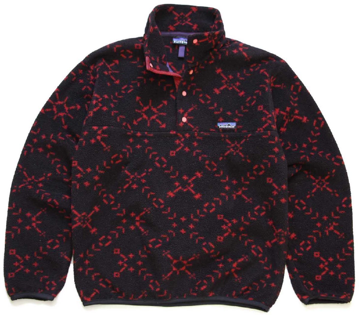 90s USA製 patagoniaパタゴニア スノー 総柄 フリース スナップT 黒×赤