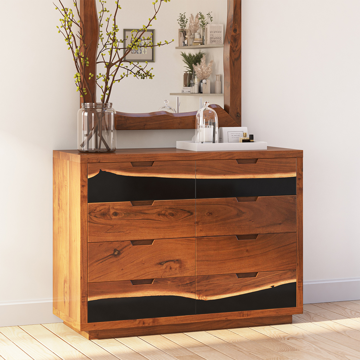 Murphys Modern Black Epoxy Acacia Dresser with 8 Drawers