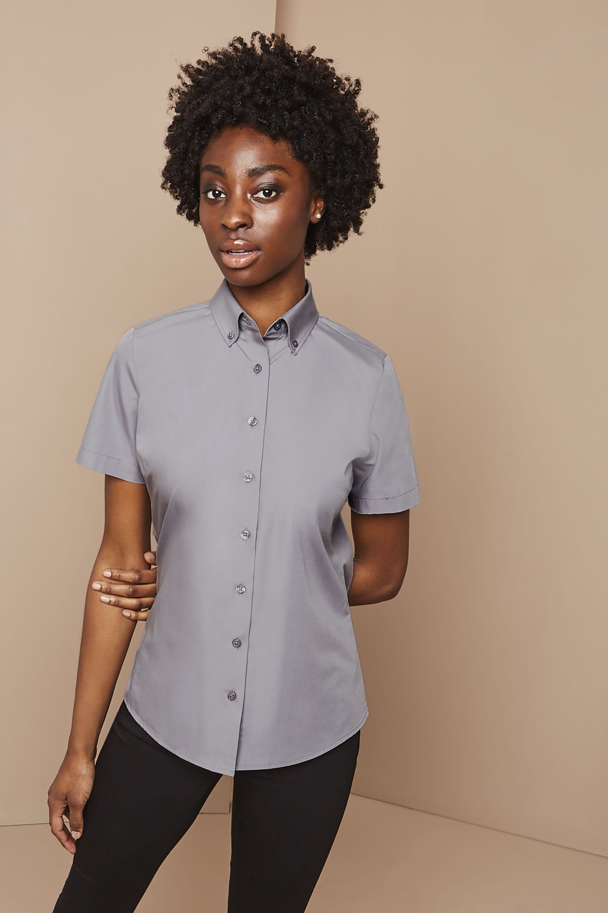 SJ Women's Short Sleeve Button Down Collar Shirt, Mid Grey | SJ