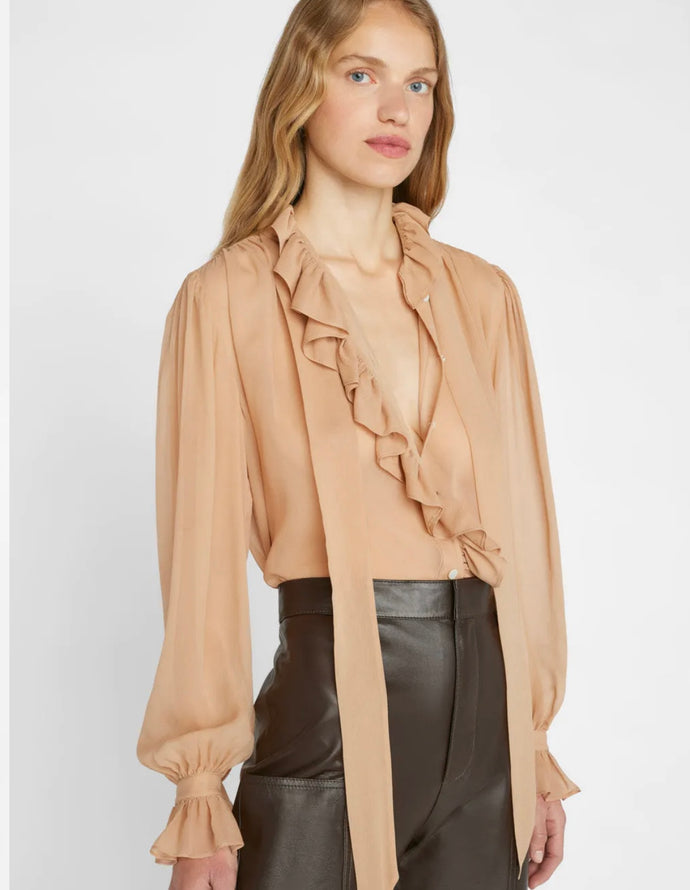 FRAME Ruffle Front Button Up Shirt in Blush – SPACE by Leslie Beard