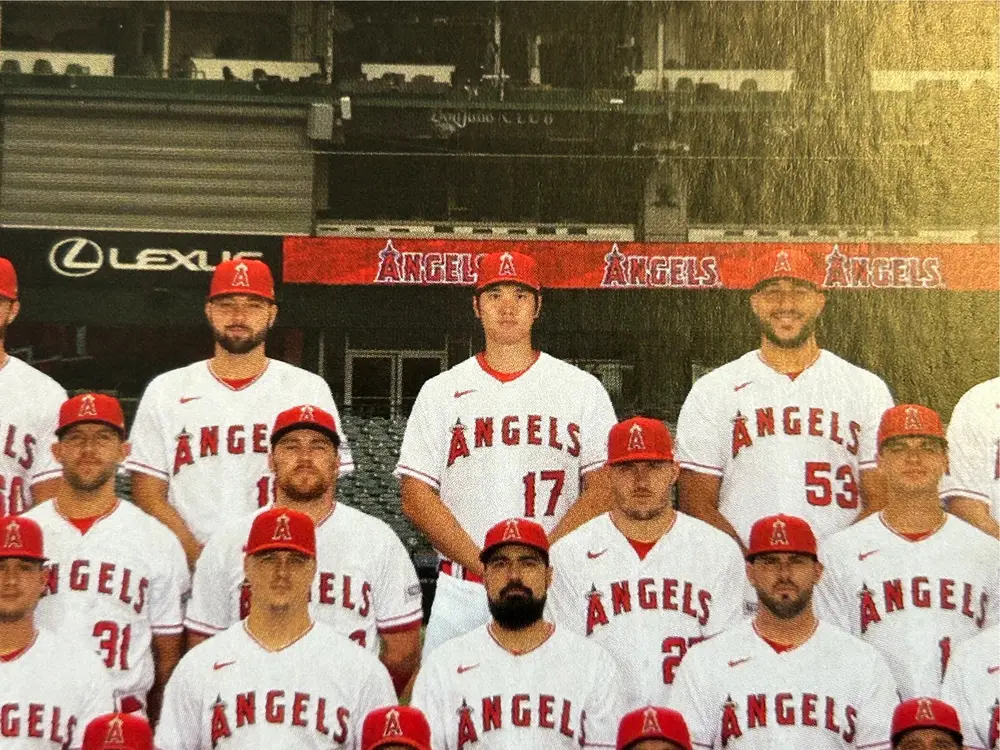 球場で兜のかぶり物とともに配られた集合写真（大谷は合成