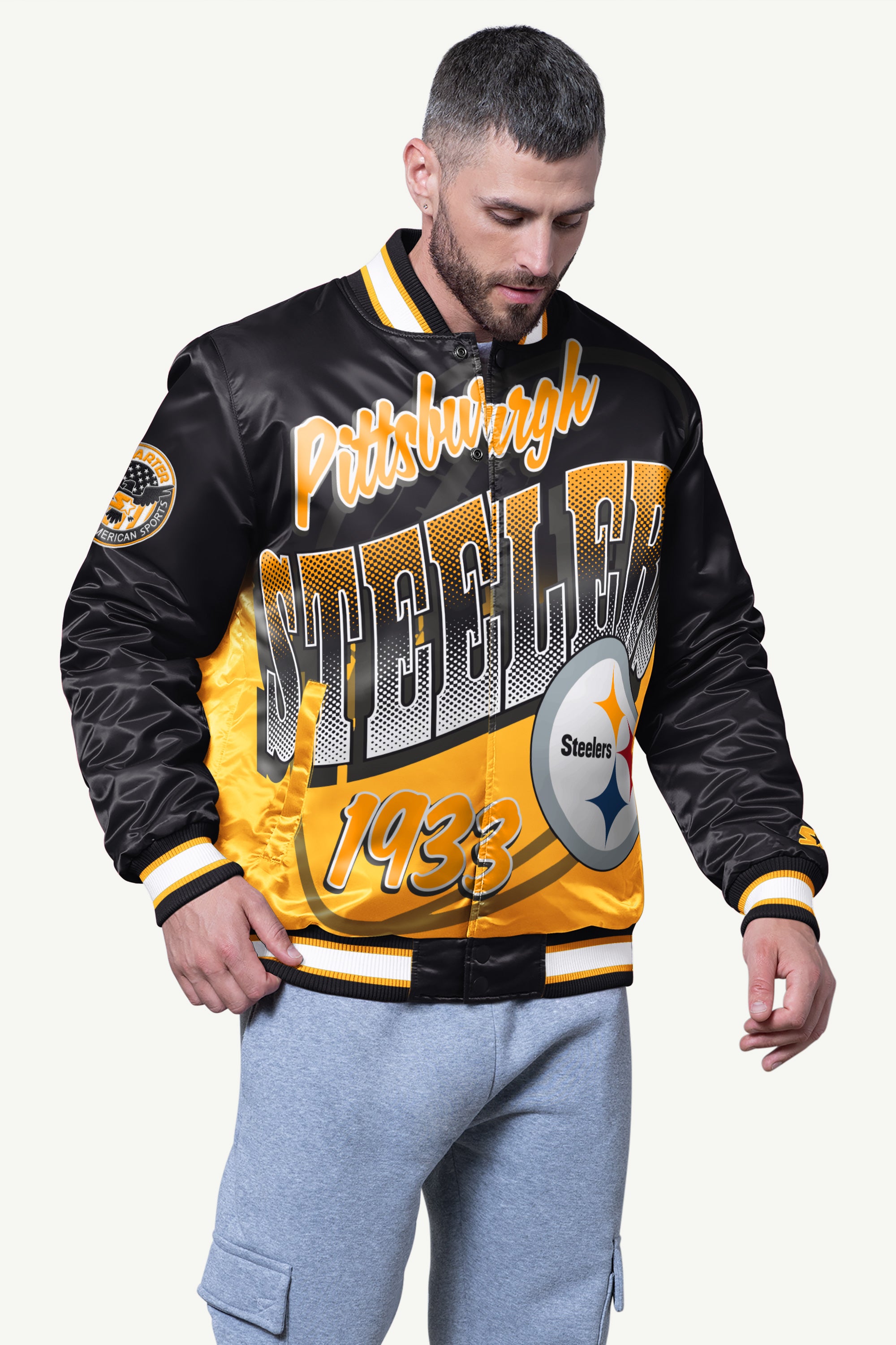 Mens Pittsburgh Steelers Pass Rush Satin Varsity Jacket | NFL