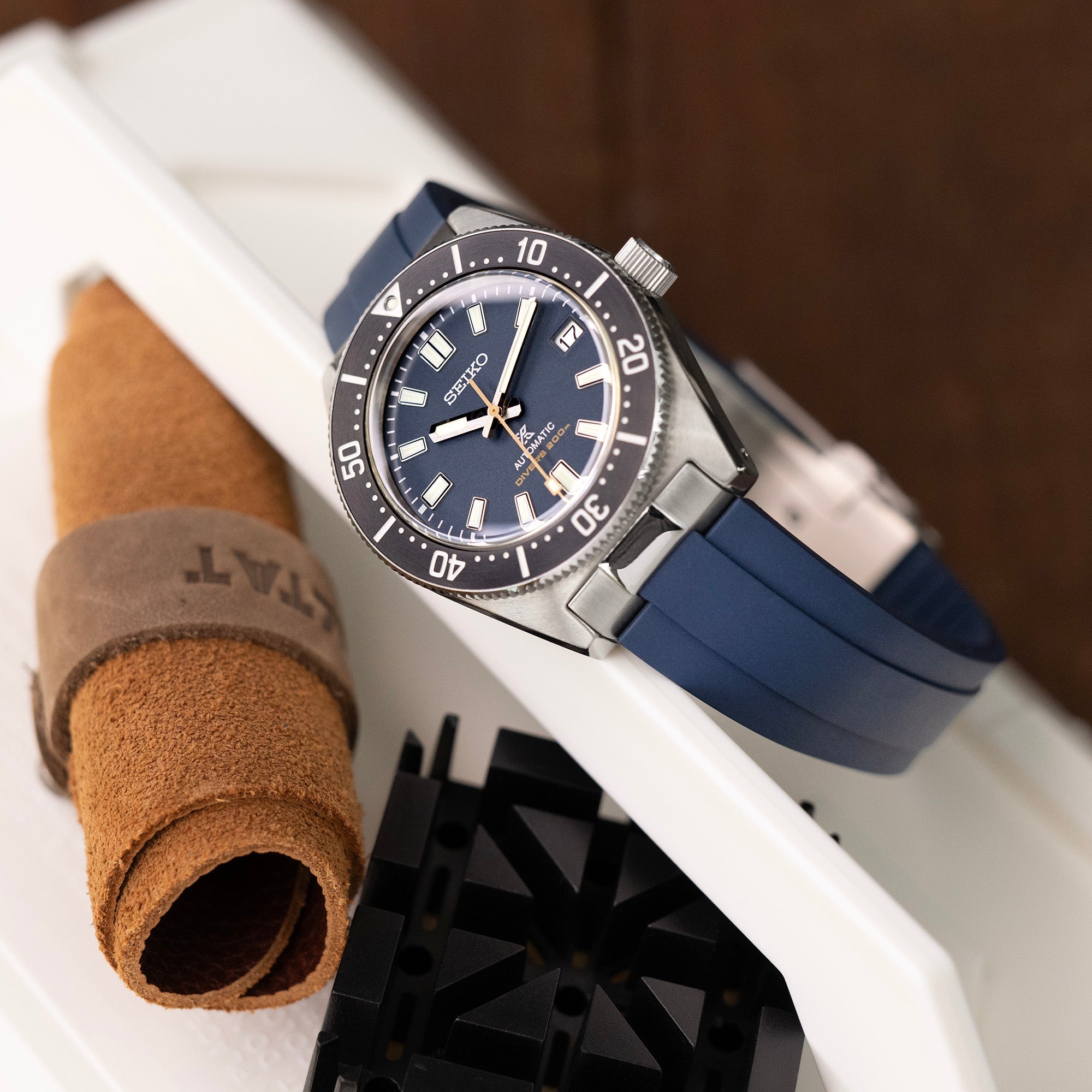 20mm Crafter Blue FKM Strap with Curved End Links For Seiko 63Mas