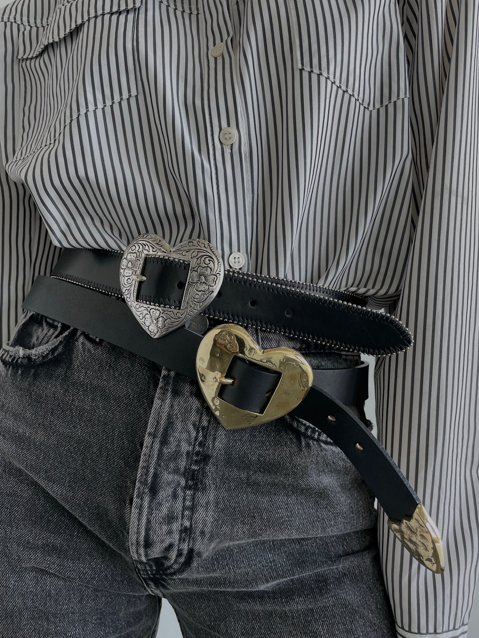 Silver Hammered Heart - Black Italian Leather Silver Heart Belt