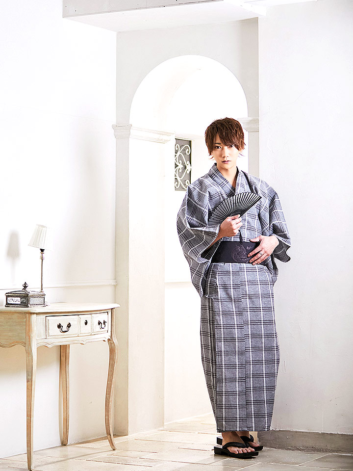 即日発送】【浴衣セット】グレー地格子柄メンズ浴衣【浴衣3点セット