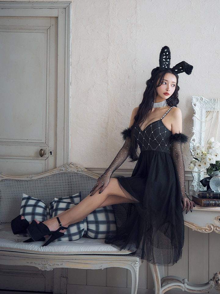 ハロウィン】 バニービジューフレアワンピース 【コスプレ5点セット