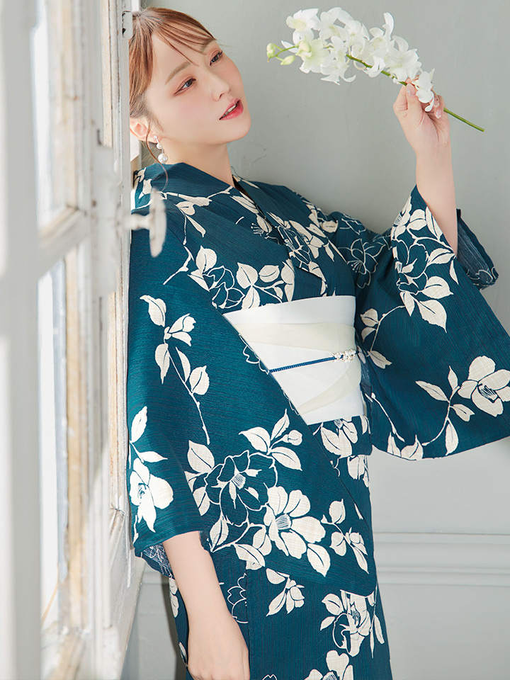 即日発送】藍色椿桜柄浴衣【浴衣3点セット 浴衣/帯/下駄】[OF04