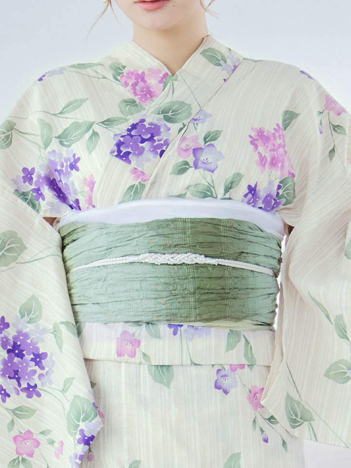 即日発送】クリームストライプ地x紫陽花浴衣【浴衣3点セット 浴衣/帯