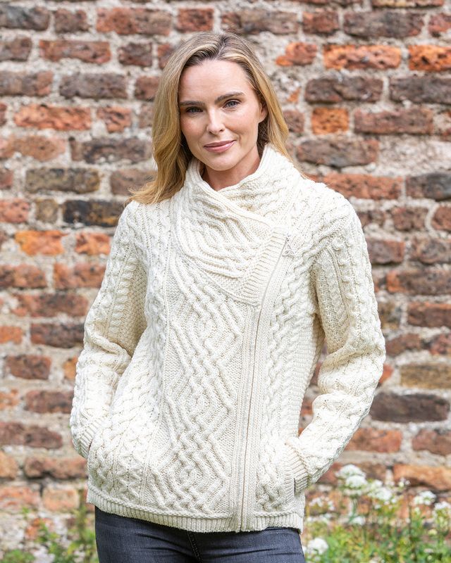 Cable Knit Side Zip Cardigan Natural | The Sweater Shop