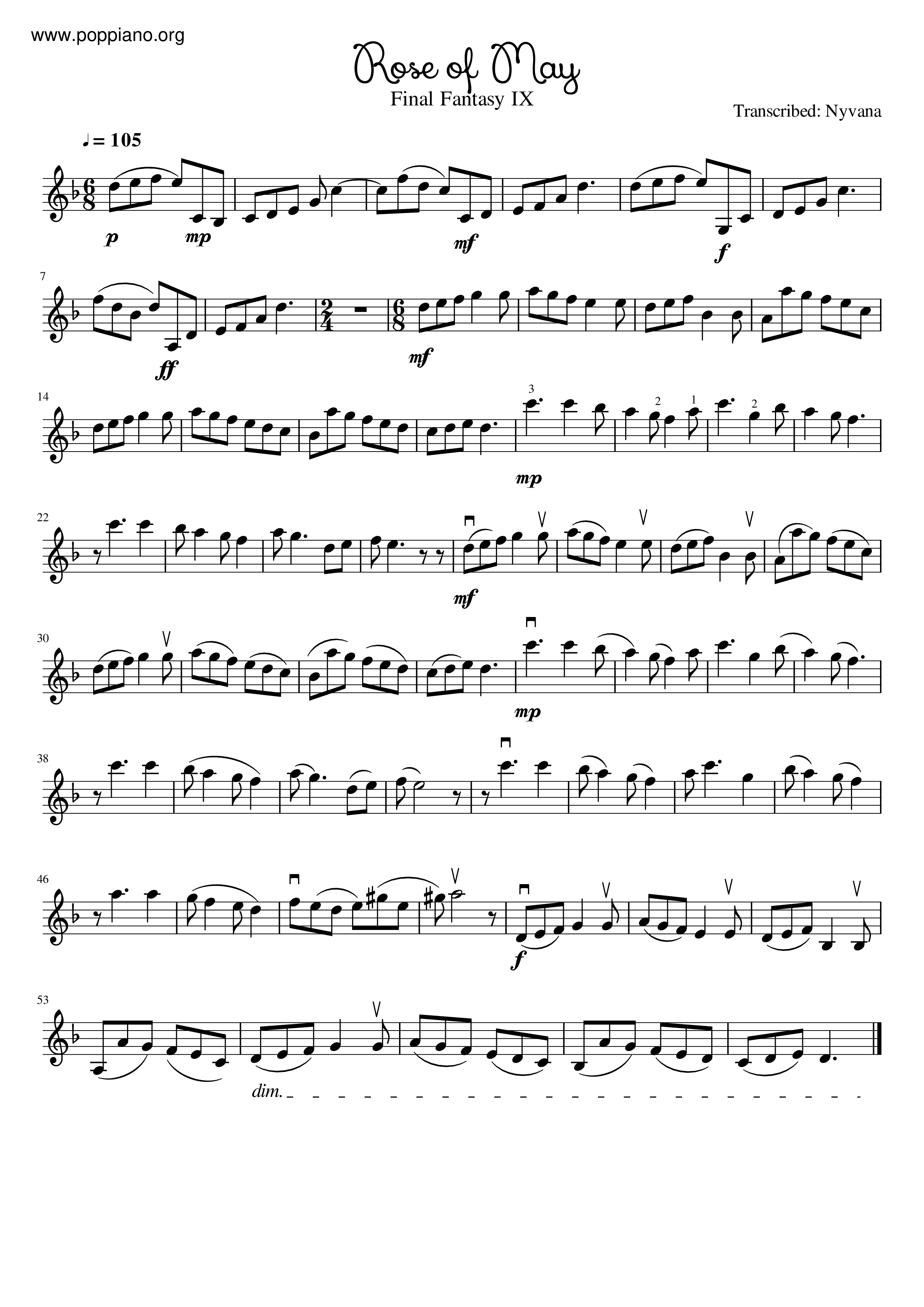 ☆ファイナルファンタジーIX - ローズ・オブ・メイ 악보 ピアノ譜pdf