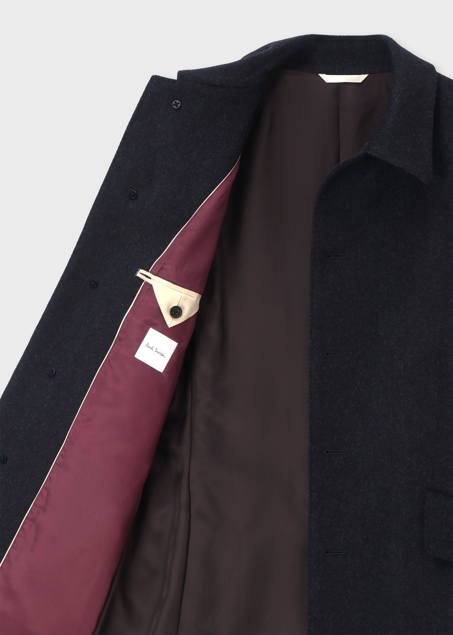 ヘリンボーン ウールカシミヤ ステンカラーコート（ネイビー