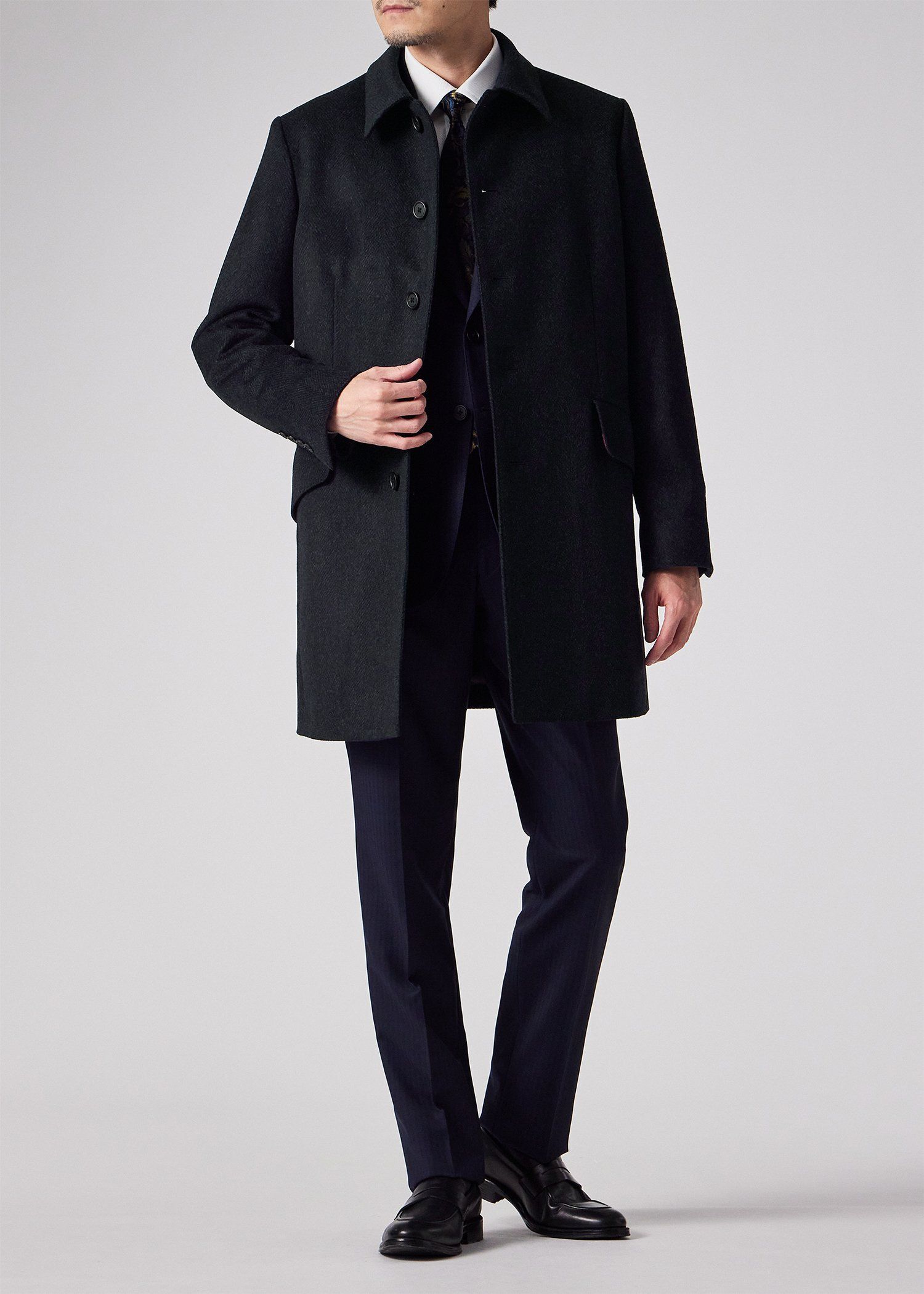 ヘリンボーン ウールカシミヤ ステンカラーコート（ネイビー